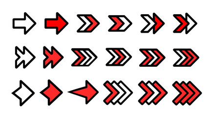 Diverse collection of modern directional white and red in bold line arrow icons and symbols for navigation, progress, and upward movement in digital and print design projects