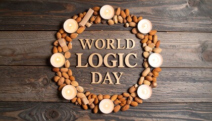 A circular wreath composed of nuts and small candles, encircling the phrase "WORLD LOGIC DAY" in light-colored wooden letters.  The wreath sits on a wooden plank surface