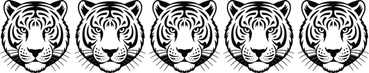 Vector illustration of five tiger heads in black and white, symmetrical wild animal face design, isolated graphic elements perfect for logos, tattoos, wildlife and branding