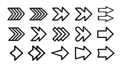 Diverse collection of modern directional in bold line arrow icons and symbols for navigation, progress, and upward movement in digital and print design projects