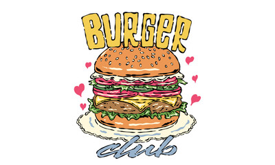 Retro illustration of a classic cheeseburger. Vintage Burger Club artwork for fast food restaurant, t shirt print