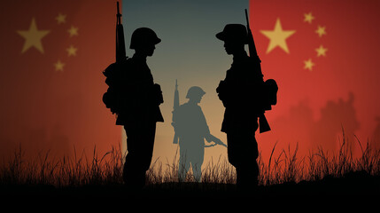 Silhouetted soldiers stand against a chinese flag backdrop in a field setting