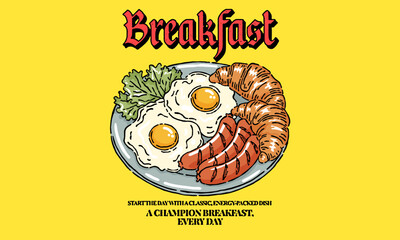 Vintage illustration of a classic champion breakfast plate. Retro artwork with eggs and sausage for cafe menu, t shirt print