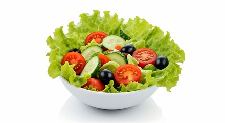 A Luminous Bowl of Fresh Garden Salad with Crisp Vegetables and Olives Isolated on a Pure White Background.
