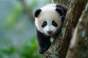 Adorable Giant Panda Cub Climbing Tree Branch in Lush Green Forest