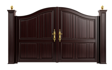 Dark mahogany double gate with golden metallic handles on transparent background