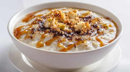 Traditional Indonesian dessert bubur kacang hijau (mung bean porridge) served in a bowl, rich coconut milk and brown sugar syrup drizzled on top