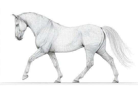 A wireframe model of a horse in motion, highlighting its anatomical features and skeletal framework.