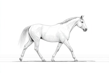 Obraz premium A detailed black and white sketch depicts a horse in mid - walk, showcasing its elegant form and movement.