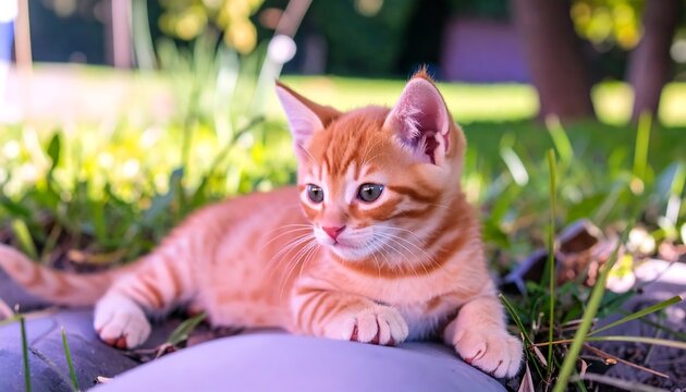 Orange kitten lounging in grass on a sunny day - Powered by Adobe