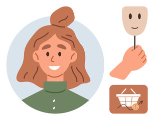 Smiling woman with brown hair and green top, hand holding mask, shopping basket with growth arrow. Ideal for emotional intelligence, personal growth, e-commerce, consumer behavior, authenticity