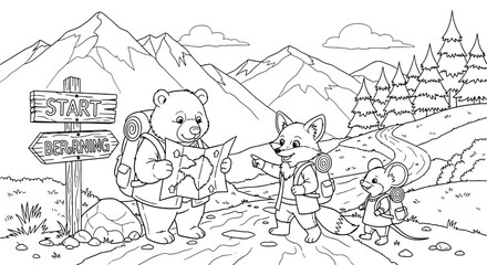 Obraz premium Cute Bears Enjoying a Scenic Mountain Road Trip Adventure Together