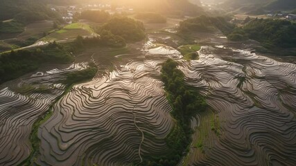 Rice terraces cascade down hills reflecting light trees mark contours a village nestles above
