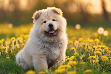 Cute chow chow puppy sitting in a field of yellow flowers during sunset