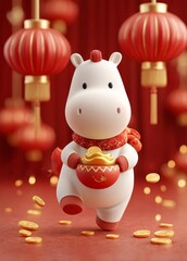 A cute cartoon horse holds gold ingots, surrounded by red lanterns and coins, symbolizing Chinese New Year's prosperity and luck.