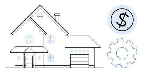 Outline of a house with a garage, dollar icon symbolizing finance, and gear icon for mechanisms. Ideal for real estate, property management, home improvement, mortgage, construction, investment
