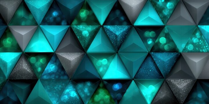 Mesmerizing geometric teal and blue triangle pattern with shimmering bokeh.