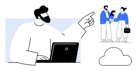 Professional discussing tasks on a laptop, coworkers exchanging ideas, and cloud element symbolizing modern collaboration. Ideal for teamwork, technology, innovation, cloud computing, business