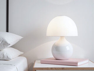 The white bedside lamp, the simple bedside table, and the close-up of the lamp and the book create a quiet and warm girlish space.