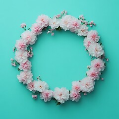 A circular wreath of delicate pink and white flowers arranged on a mint green background.  A  frame of blossoms creates a blank center