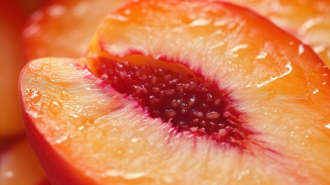 Sliced peach close-up showing the fruit's textures and vibrant colors.