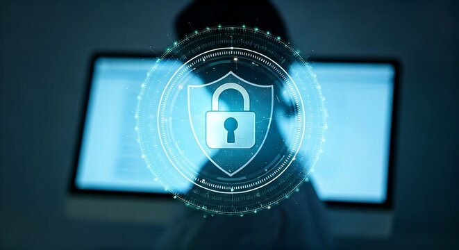 Anonymous Figure in the Dark Interacting with a Glowing Cybersecurity Shield Hologram.