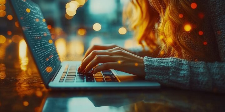 Woman working on a laptop, writing code in a warm, inviting environment.