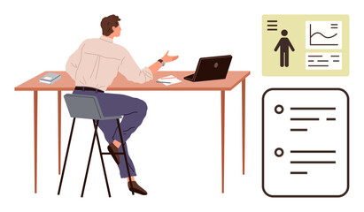 Man gesturing while sitting at desk with laptop, paper, and charts. Ideal for communication, business, data analysis, teamwork, presentations, remote work and education concepts in a simple flat