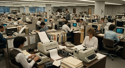 A Glimpse into the 1980s Office: Busy Workers in a Retro Workplace Setting