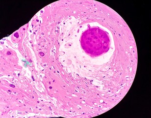 Microscopic tissue sample stained pink and purple