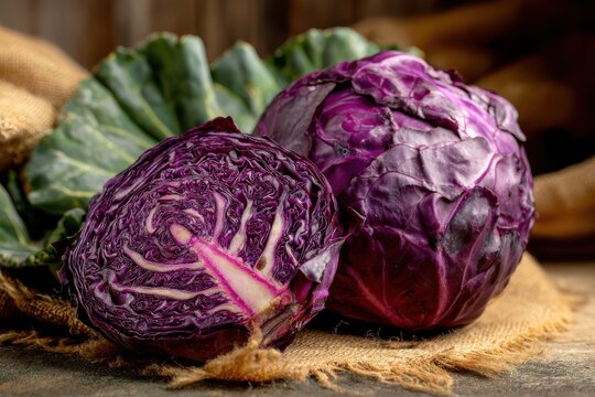 Fresh Red Cabbage Slices on Rustic Wooden Background