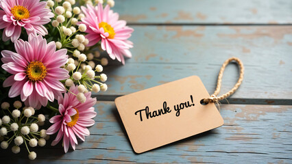 Thank you sign with flowers and candles on wooden table, International Thank You Day