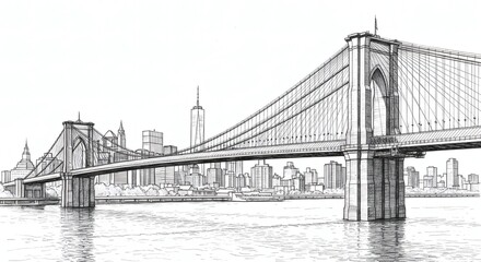 Obraz premium Hand-Drawn Illustration of Iconic Suspension Bridge and City Skyline