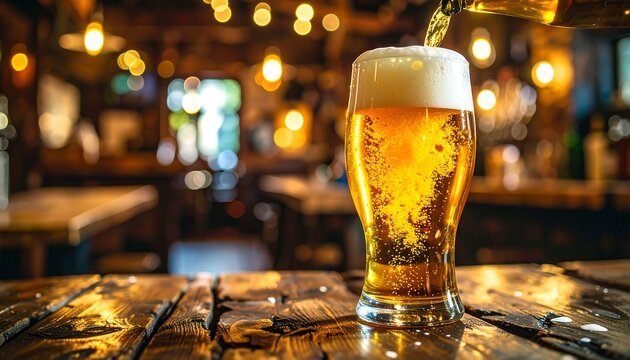 Frothy beer poured into a glass in a dimly lit pub - Powered by Adobe