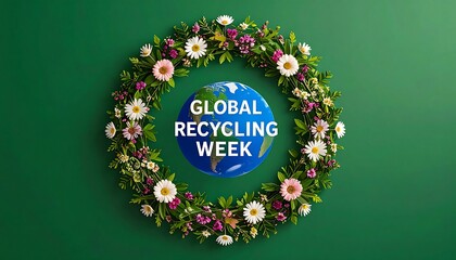 A circular wreath of flowers and leaves surrounds a globe.  Green background, with text "GLOBAL RECYCLING WEEK" in white font