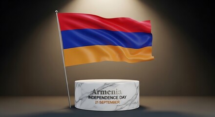 Armenia Independence Day: Flag Waving Above Marble Podium, Dramatic Lighting.