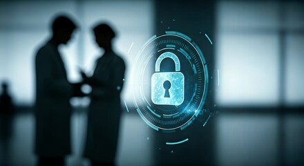 Confidential Discussion Silhouetted Professionals and a Glowing Digital Security Lock.