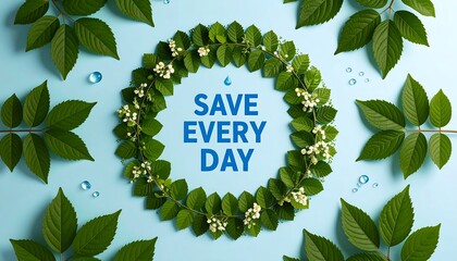A circular wreath of fresh leaves and flowers frames the message "SAVE EVERY DAY" on a light blue background dotted with water droplets