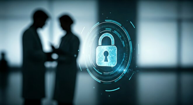 Confidential Discussion Silhouetted Professionals and a Glowing Digital Security Lock.