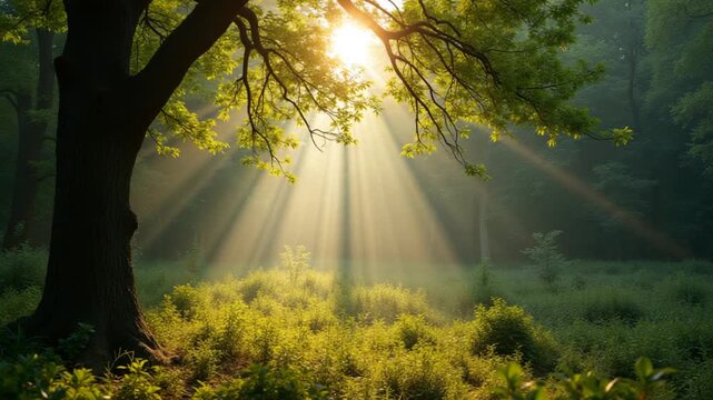 Sunlit forest glade with lush greenery and a majestic tree in morning light