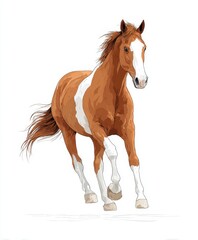Obraz premium A vivid illustration of a brown and white horse in mid - run, showcasing its dynamic form and flowing mane and tail.