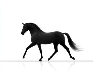 Obraz premium A black horse is shown running with an elegant posture on a white background, highlighting its dynamic form and sleek appearance.