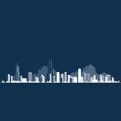 Monochromatic urban panorama depicting a cityscape against a deep azure sky