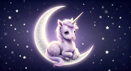 Dreamy Lavender Unicorn Foal Cradled by a Glistening Crystalline Crescent Moon.