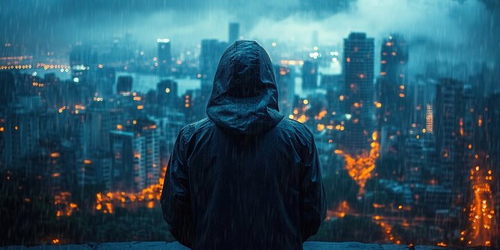A person stands in the rain, gazing at a city's illuminated skyline at night.