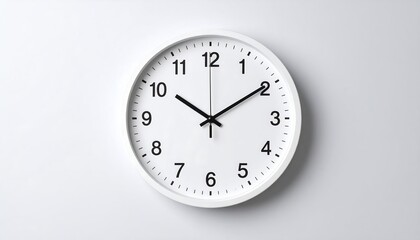 A clean, white wall clock displays a specific time against a plain white background