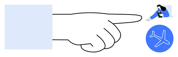 Outstretched hand points toward airplane icon and woman holding clipboard. Ideal for direction, aviation, business planning, logistics, teamwork, strategy, simple landing page