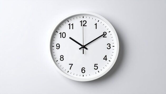 A clean, white wall clock displays a specific time against a plain white background