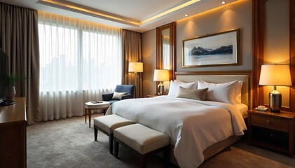 Indulge in opulent comfort A plush king-size bed with crisp linens, soft lighting, and elegant decor create a haven of serenity in a luxurious hotel room , fabrics, interior design