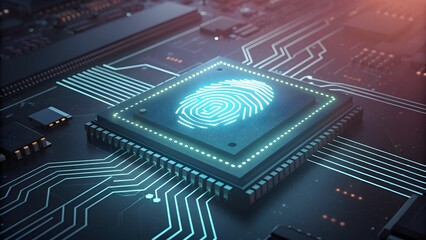 Close-up of a Microchip with a Glowing Fingerprint Symbol Representing Biometric Security processor